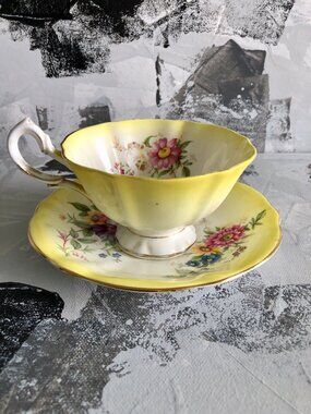 Queen Anne Bone China Yellow Teacup and Saucer, Rose Pattern
